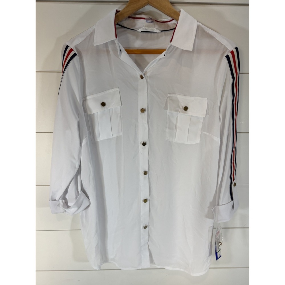 NWT Peter Nygard Women Buttoned Collared Shirt 3/4 Sleeve White Size Large L